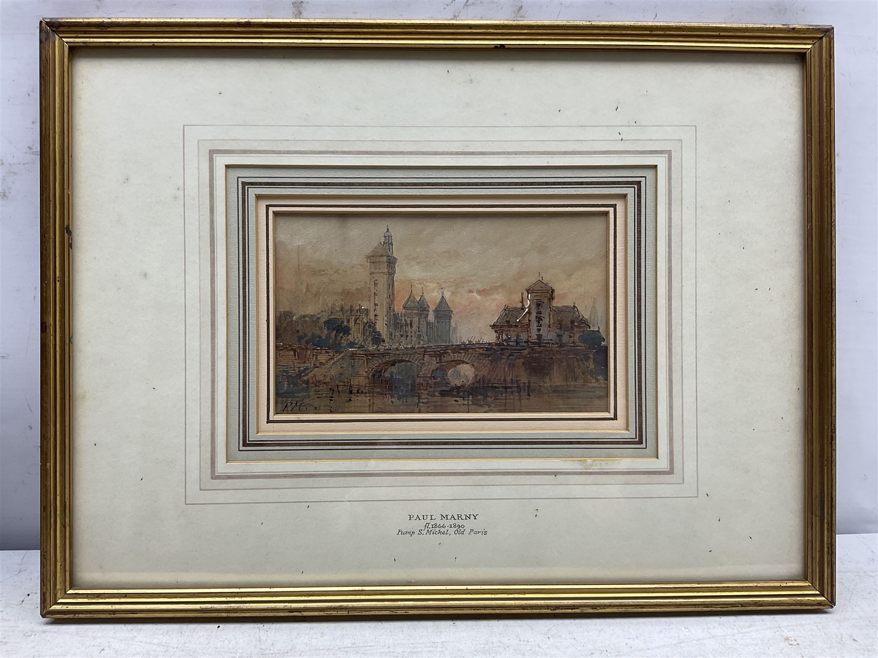 Paul Marny (French/British 1829-1914): 'Chatèlet Gaie and Pump St Michel - Old Paris', pair watercolours signed with initials, titled on the mounts 11.5cm x 19cm (2) 
Provenance: with Richard Hagen, Broadway, Worcestershire, label verso