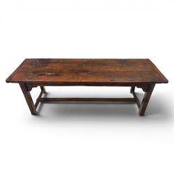 Large country made oak farmhouse dining table, on two plank construction, raised on square supports united by an undertier 