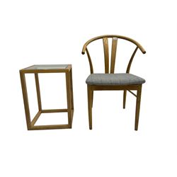 Oak wishbone style chair with upholstered seat (W58cm), and a rectangular oak framed side table with glass inset (40cm x 40cm, H55cm)
