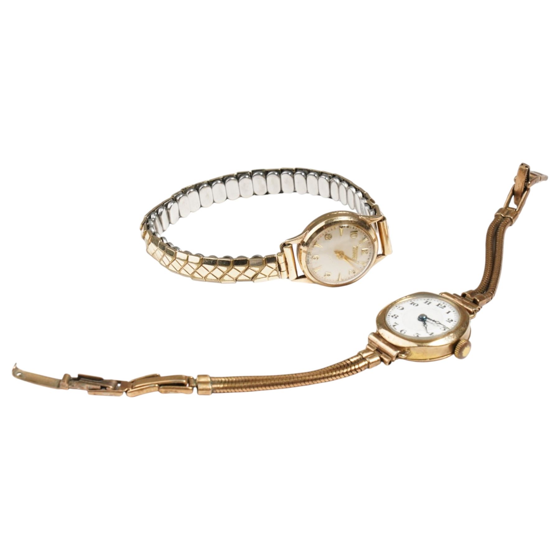 Tissot ladies 9ct gold wristwatch, on expanding gold-plated strap and one other ladies 9ct gold wristwatch, on gilt strap , both manual wind movements