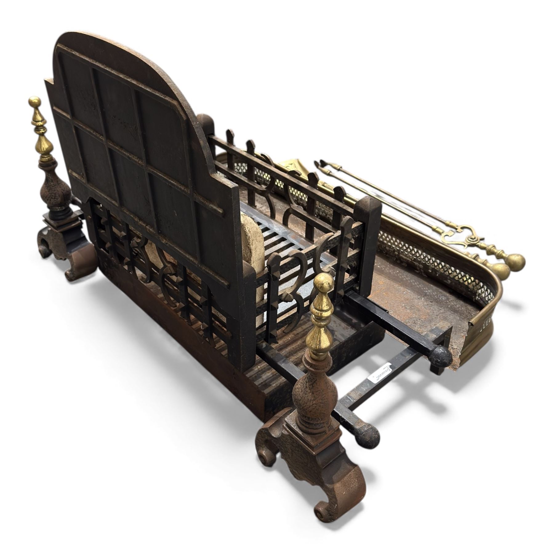 Victorian cast iron fire grate with Yorkshire Rose decoration, with guard and tools