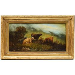English School (Early 20th century): Naive Highland Cattle, oil on canvas indistinctly signed J Burn* 29.5cm x 60cm