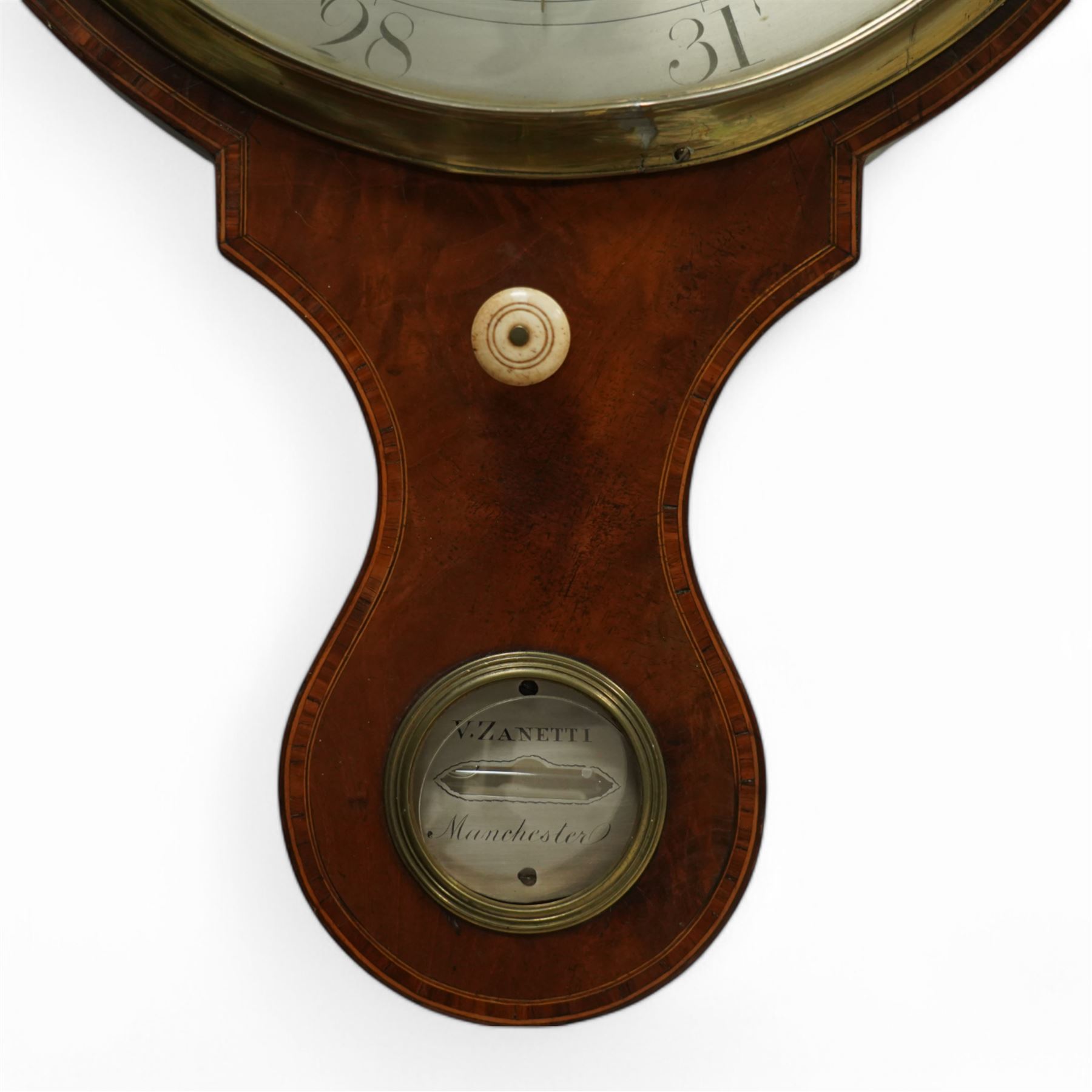 Zanetti of Manchester- late 19th century wheel barometer in a mahogany case with a break arch pediment, brass finial and rounded base, with a hydrometer, spirit bubble and boxed spirit thermometer, 12