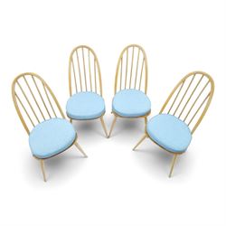 Ercol - set of four 'Quaker' dining chairs, with high hooped back, blue seat cushions with studded, tapered supports  