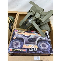 H.M. Armed Forces - Tactical Battle Tank with figure and Desert Quad Bike, both boxed; Jackal vehicle with three figures; Helicopter with pilot; Transport Plane; two additional figures and quantity of clothing and weapons