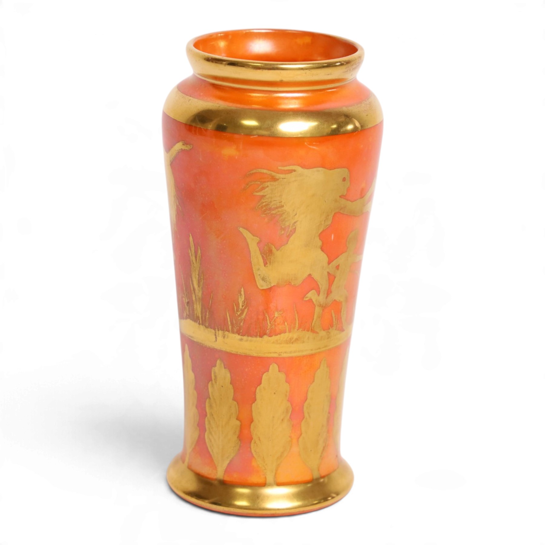 Royal Doulton orange lustre vase, decorated  with gilt figure hunting a stag, above a  boarder of trees, H14cm