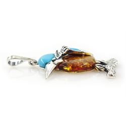 Silver turquoise and Baltic amber kingfisher pendant, stamped 925