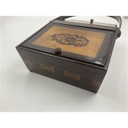 19th century rosewood Tunbridge Ware basket, of rectangular form with curved bentwood handle, and twin hinged sloping covers, lifting to reveal paper lined interiors, not including handle H5.5cm D10.5cm L18cm