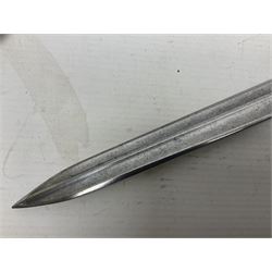 Early 19c French 1st Empire Heavy Cavalry trooper's sword, the 95.5cm double fullered blade with various stamped marks and inscribed Klingenthal 1814 to the back edge, four-bar brass hilt with wire-bound leather grip, knucklebow numbered 139; in polished steel scabbard with two suspension rings L117cm overall