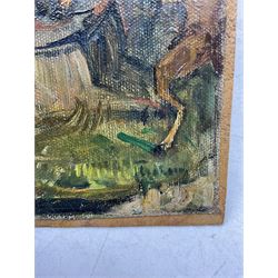 Circle of Ker-Xavier Roussel (French 1867-1944): Fauns in the Forest, oil on canvas laid on to panel indistinctly signed 22cm x 16cm (unframed)