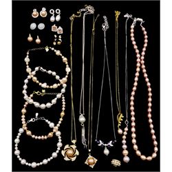 Silver and silver-gilt pearl and stone set jewellery including earrings, necklaces and pendants
