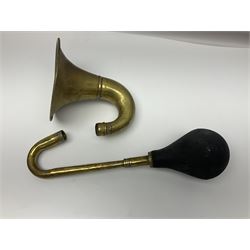 Corton silver plated tenor(?) horn, serial no.523282; in carrying case; and a brass car horn with rubber bulb action (2)