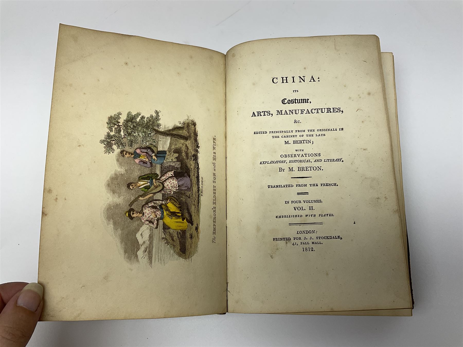 Bertin M. & Breton M.: China Its Costume, Arts, Manufactures etc. 1812 Stockdale London. Four volumes in one. Hand coloured plates. Half leather binding; Doolittle Rev. Justus: Social Life of the Chinese. 1868. Illustrated. Rebound in half morocco with marbled boards; and three other books of eastern interest (5)
