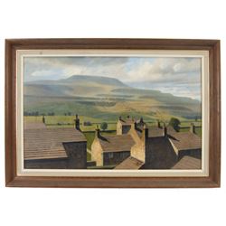 Anne Isabella Brooke (Yorkshire 1916-2002): 'Penhill from Preston-under-Scar - Wensleydale', oil on canvas signed, titled on label verso 34cm x 55cm 
Provenance: purchased by the vendor's parents directly from the artist in the 1970s.