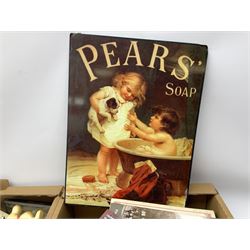 Assorted collectables, to include reproduction Pears Soap tin advertising sign, Snoopy money boxes, various framed pictures, small group of assorted books, etc., in two boxes 