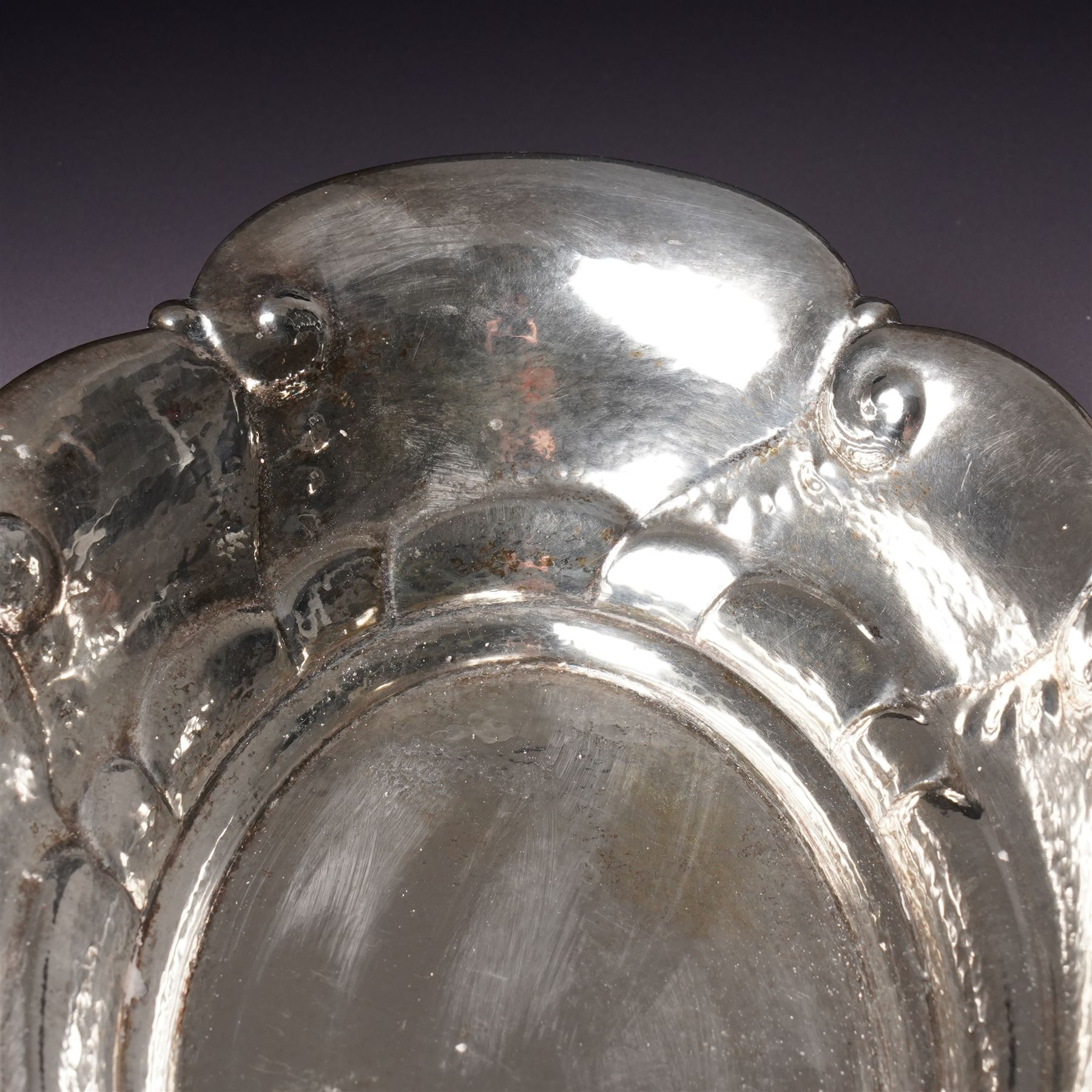 Norwegian 830 standard hammered silver oval fruit bowl with a raised border design W32 cm Maker Thune & Co