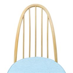 Ercol - set of four 'Quaker' dining chairs, with high hooped back, blue seat cushions with studded, tapered supports  