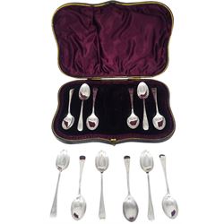 Edwardian set of six silver coffee spoons, with engraved scrolling stems and terminals, hallmarked John Round & Son Ltd, Sheffield 1901, contained within an unassociated fitted case, together with a 1920's set of six silver coffee spoons with engraved initial to terminals, hallmarked Birmingham 1924, approximate total silver weight 5.04 ozt (157 grams)