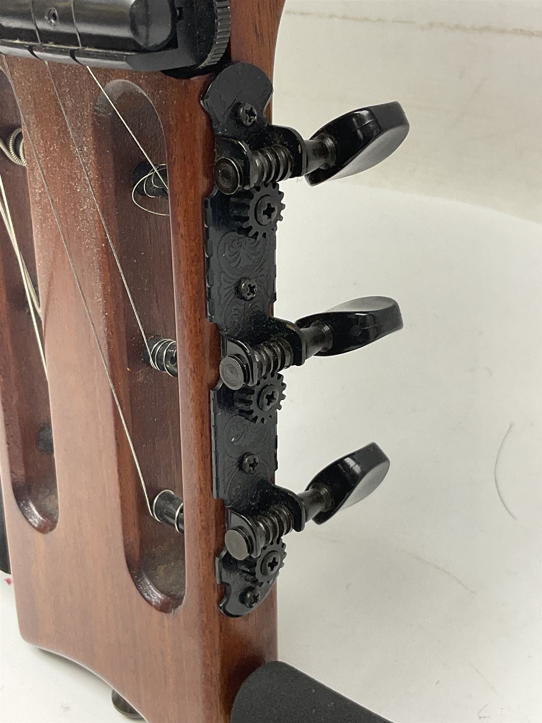 Aria Sinsonido mahogany electric travel guitar, serial no.0502385 L86cm; in original gig bag with earphones and GM11 Minituner; together with Fender Sidekick Reverb 25 amplifier and Marshall MG Series 15DFX amplifier (3)