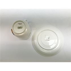 Shelley Boo Boo three piece tea set designed by Mabel Lucie Attwell, comprising teapot modelled as a house, sugar bowl modelled as a toadstool, and creamer modelled as an elf, each with printed marks beneath, together with a Shelley Mabel Lucie Attwell teacup and saucer. 