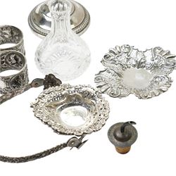 Two Indian white metal napkin rings, sterling silver candlestick, pair of silver heart shape sweetmeat dishes Chester 1895, single sweetmeat dish and other items
