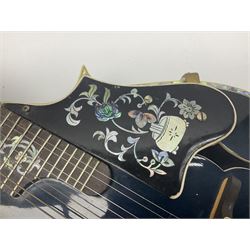 Eastern eight-string F-hole mandolin with blue sunburst finish and mother-of-pearl inlay of flowers and birds L69cm