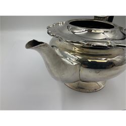 1920s five-piece silver tea service, comprising teapot, coffee pot, hot water pot, twin handled open sucrier and milk jug, each of squat circular form with shaped rim, the teapot, coffee pot and hot water pot each with ebonised handle and finial, the sucrier and milk jug with acanthus capped scroll handles, all upon circular foot, hallmarked R F Mosley & Co, Sheffield 1926 & 1927, tallest H24cm