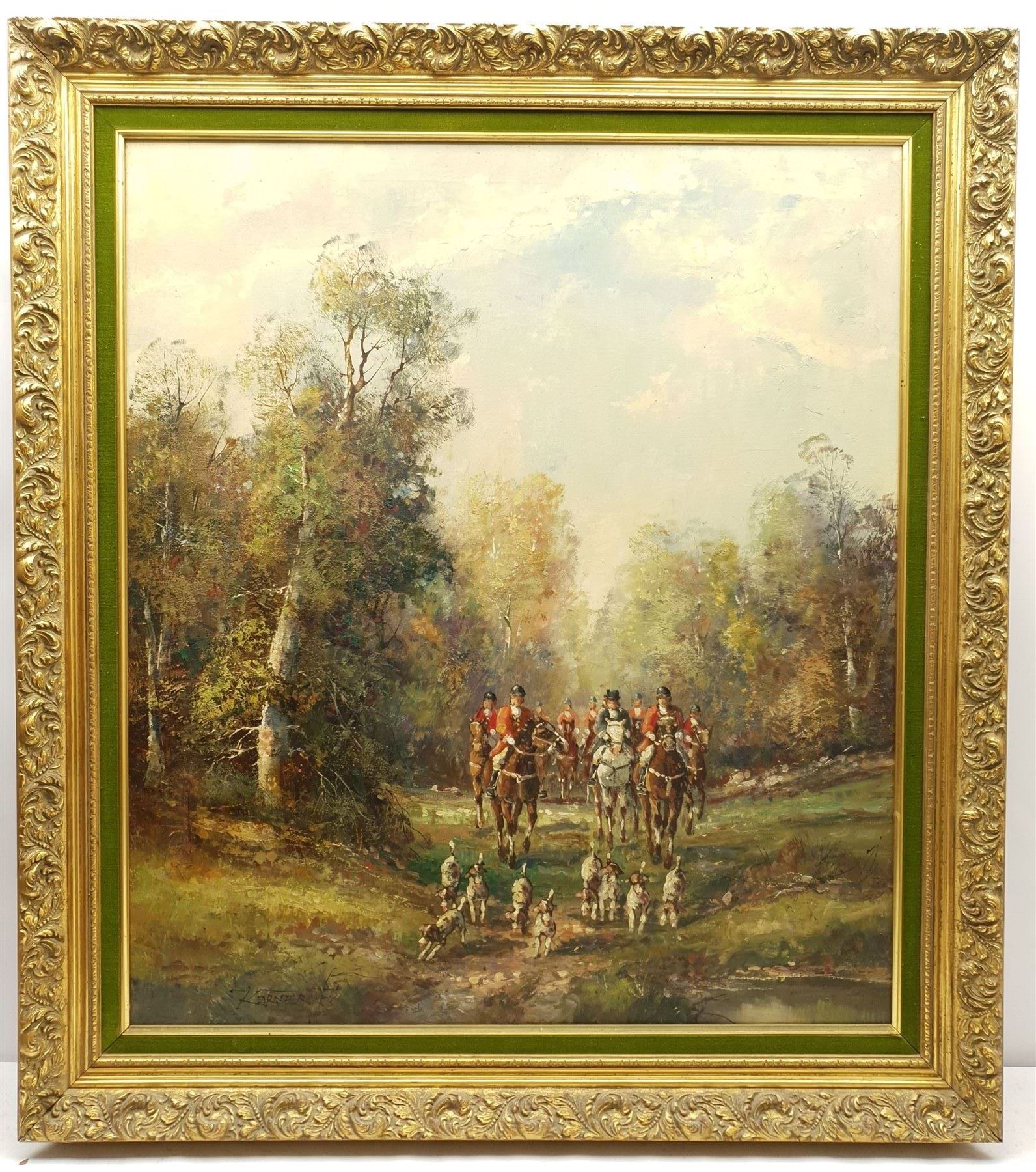 F Kerner (20th Century): The Hunt on a Forest Ride, oil on canvas signed 80cm x 70cm