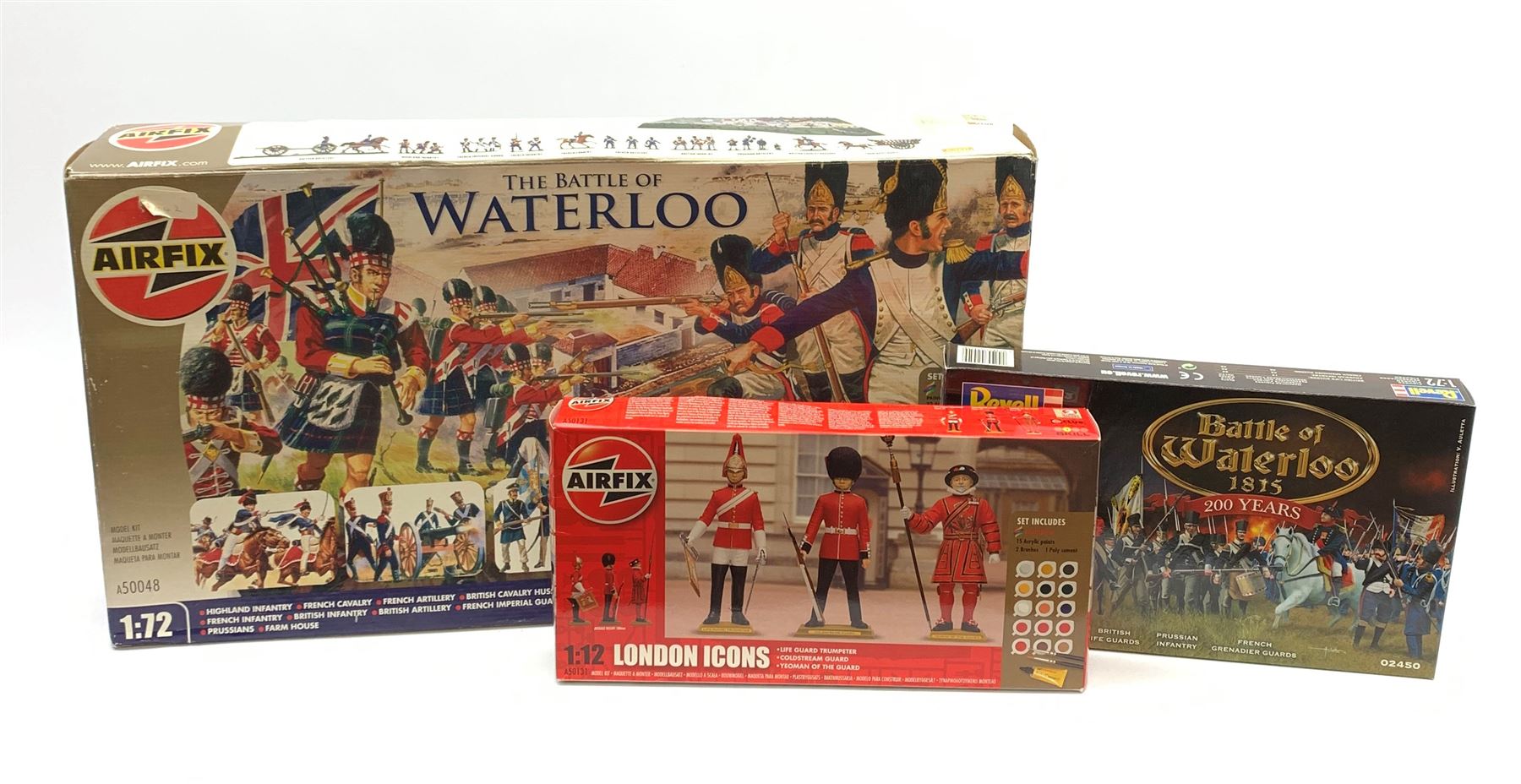 Two 1/72 scale plastic model kits of The Battle of Waterloo by Airfix and Revell; both boxed in factory sealed transparent packaging; and another Airfix 1/12 scale kit London Icons;  in factory sealed box (3)