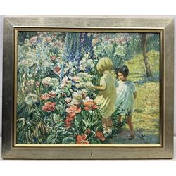 Follower of Dorothea Sharp (British 1874-1955): Children in the Garden, oil on canvas bearing initials DS, 39cm x 50cm