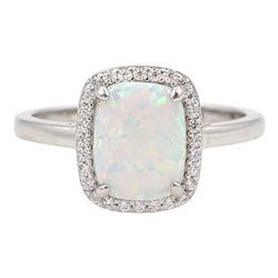 Silver rectangular opal and cubic zirconia cluster ring, stamped 925 