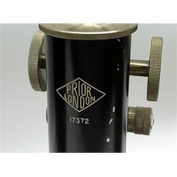 Black finished monocular microscope by Prior London No. 17372,  with pitchfork base and rack and pinion focusing, in original fitted wooden case with additional lenses, H32cm, together with Watts dumpy level, no. 116249, in a leather case