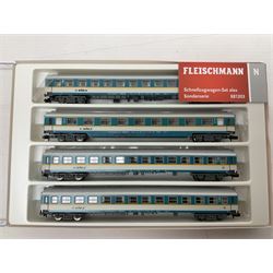 Fleischmann 'N' gauge - No.881203 Schnellzugwagen-Set alex Sonderserie; another Alex restaurant car with pantograph over No.816202; and three other passenger coaches/restaurant car Nos.7444K, 860601 & 860701; all boxed (5)
