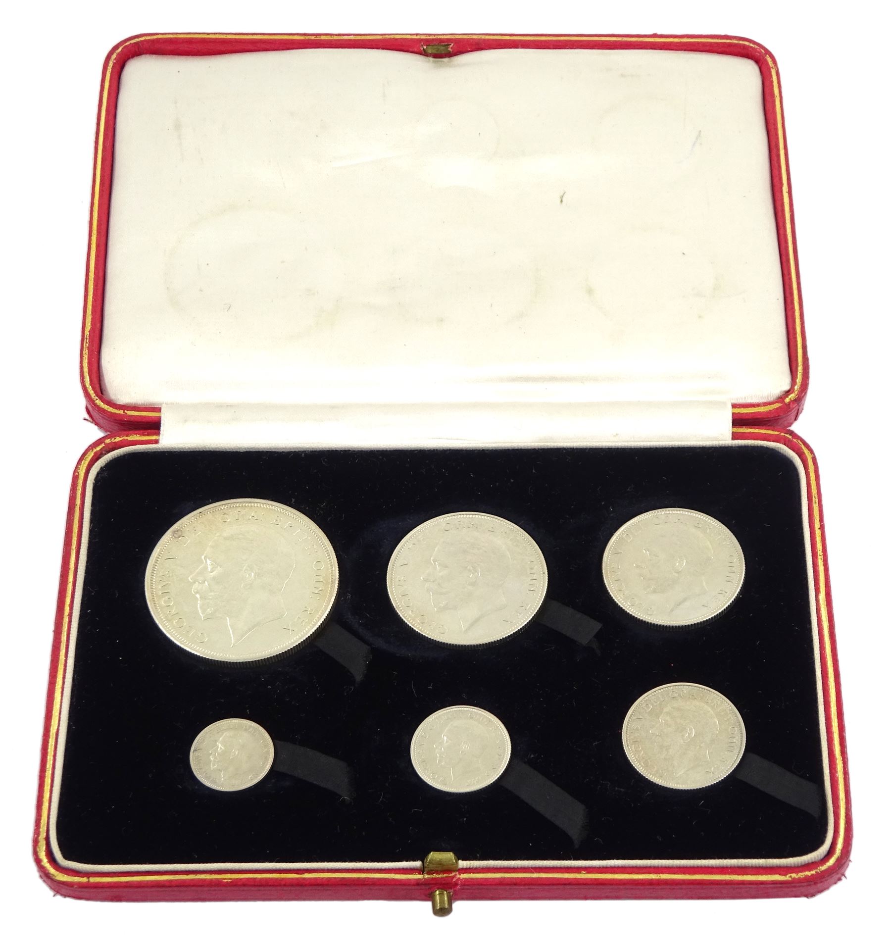 King George V 1927 proof coin set, comprising threepence, sixpence, one shilling, florin, halfcrown and 'wreath' crown, cased