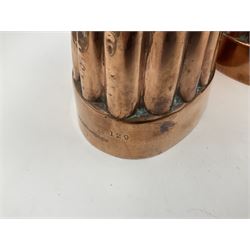 Five Victorian copper jelly mould, largest H10cm, L16cm