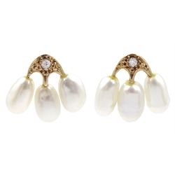 Pair of 9ct gold white cultured pearl and diamond stud earrings, hallmarked