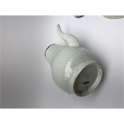 18th century Phillip Christian Liverpool reeded and floral moulded tea wares, comprising coffee pot, tea bowl and saucer, and coffee cup and saucer, each detailed with foliate and trellis borders, teapot H25cm, tea bowl D7.5cm, saucer D13cm 