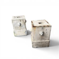 J M Blashfield - pair of 19th century buff terracotta garden urn plinths, square form with stepped base, decorated with relief lion masks