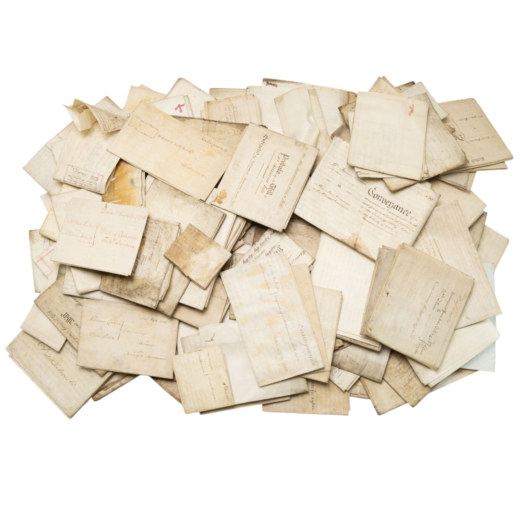 Yorkshire and miscellaneous deed interest - large collection of 18th and 19th century vellum indentures, wills, probate documents and property papers relating to wider Yorkshire towns and villages including Malton, Northallerton, Easingwold, Scarborough, the Humber, Barnsley, Ecclesfield, Great Leavening, Barton in the Willows, Flaxton and other areas, with documents concerning farmers, yeomen, tradesmen and landed families, many retaining wax seals and revenue stamps, together with a small quantity of non-Yorkshire and overseas-interest material including probate of Knobel Louis Benjamin du Gue, formerly of Brindisi, Italy, steam shipping agent, later of St Leonards-on-Sea, Sussex,  in one large box