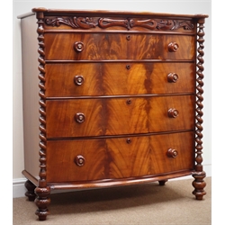  Victorian bow front mahogany chest with foliate carved false frieze top drawer above three drawers with mother of pearl inset wooden handles, enclosed by barley twist columns on bun turned feet, W113cm, H119cm, D57cm  