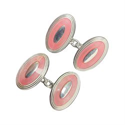 Pair of silver pink enamel cufflinks, hallmarked 