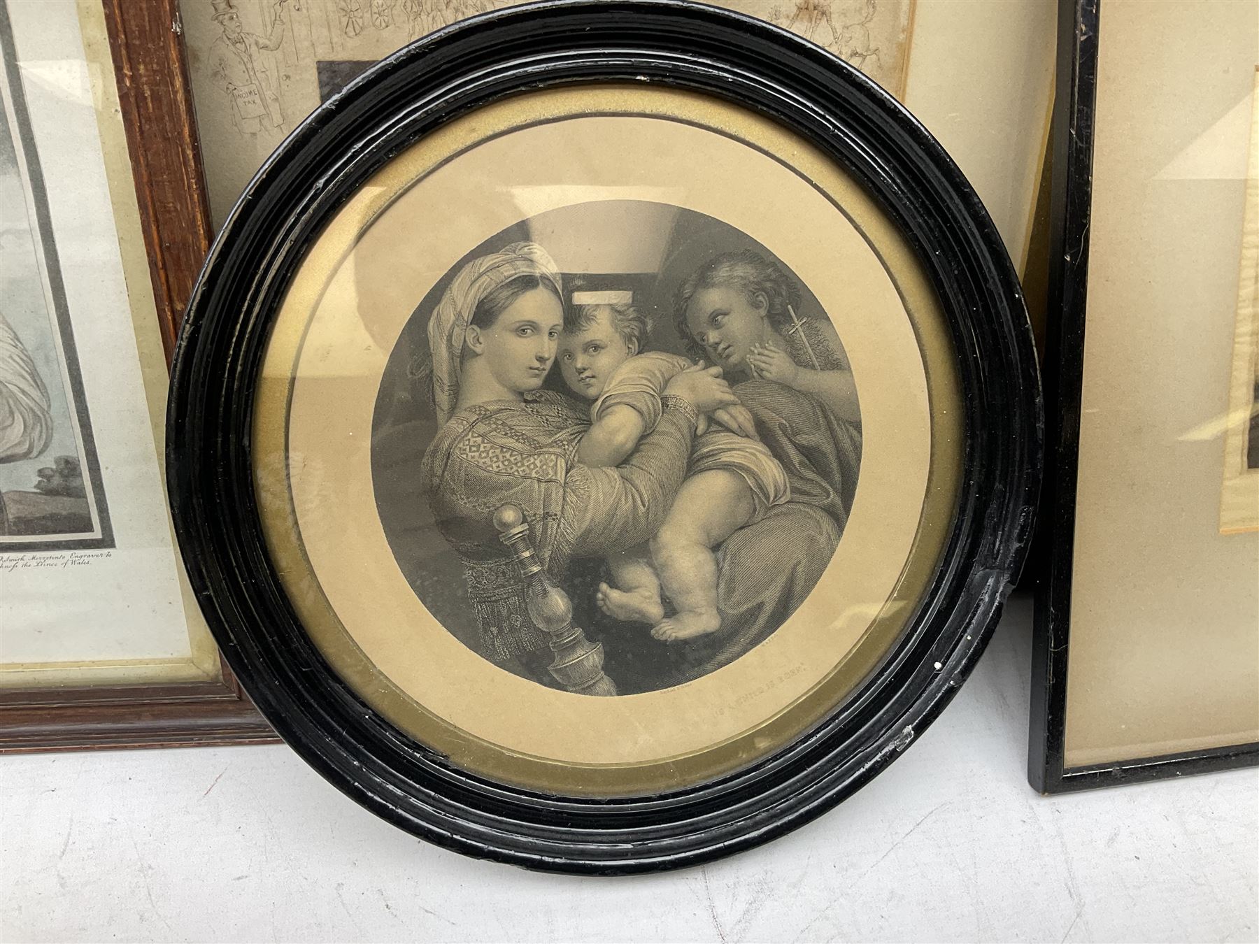 Victorian silhouette; after Josepha Reynolds 'A Bacchante', 19th century print; after John Hoppner pair 19th century colour prints, Frank Paton 'Not at Home', etching signed in pencil, together with etching, engraving and frame (9)