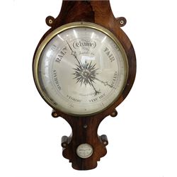 Late 19th century rosewood mercury barometer retailed by G Warners Clerkenwell, with a 10” dial silvered register signed by the Italian maker D Fagioli & son, with hygrometer, level bubble and spirit thermometer, brass recording hand and steel indicating hand.
Mercury tube with counterweights and pulleys intact. Mercury present.