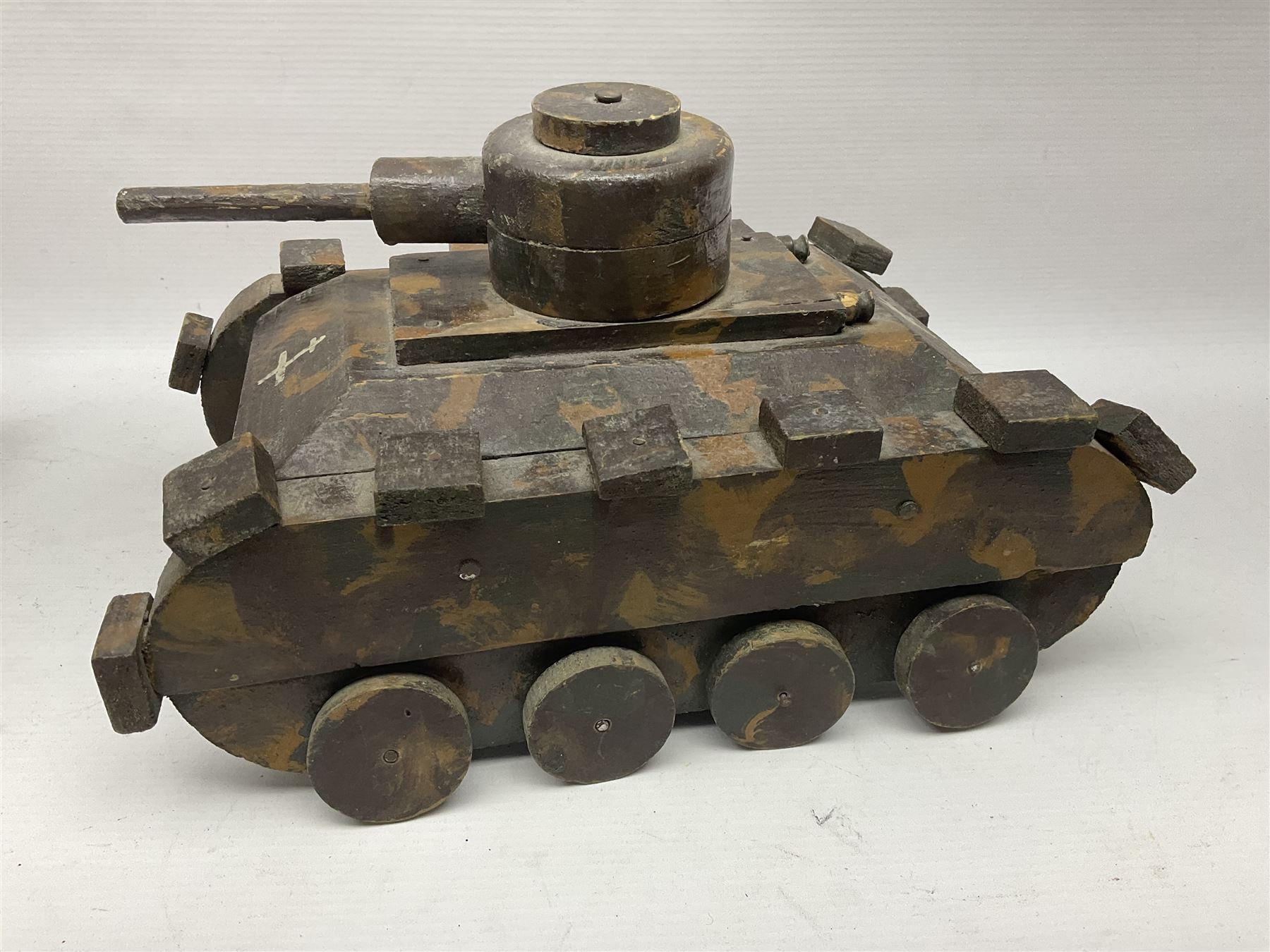 1940s French wooden eight wheel model FFI free tank, painted in brown camouflage, together with a 1940s wooden scratch built model of a landing craft, tank H18cm, W31cm