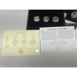 Queen Elizabeth II Channel Islands and Isle of Man silver proof five pound coins, comprising Bailiwick of Jersey 2016 'Lest we Forget', 2019 'D-Day 75th Anniversary' three coin set', Bailiwick of Guernsey 2020 'Florence Nightingale 200th Anniversary' and Isle of Man 2021 'William and Kate Wedding Anniversary', all cased with certificates