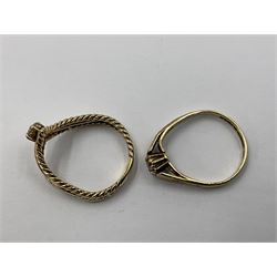 Four 9ct gold rings, to include cubic zirconia wishbone ring, single stone cubic zirconia ring and two heart design signet rings