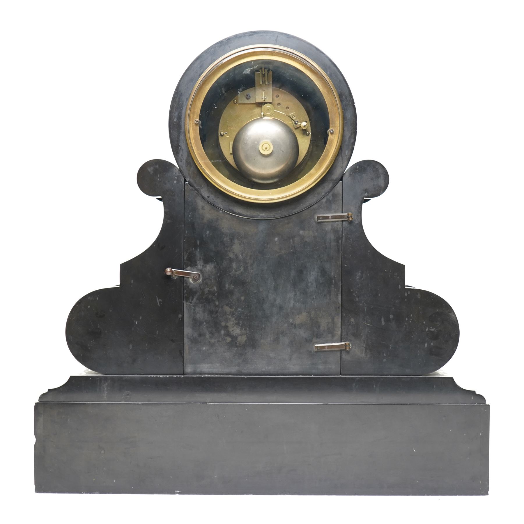 French-Late 19th century Belgium slate mantel clock, 8-day movement housed in a drum case with volutes, cradled within scroll supports and a shaped pendulum viewing glass with a brass surround, stepped plinth with incised decoration and malachite panels, two-piece enamel dial within a cast brass bezel, dial with Roman numerals, minute markers and steel moon hands, visible Brocot dead-beat escapement fitted with cornelian pallets, twin train going barrel movement with rack striking, sounding the hours and half-hours on a bell. With the original twin file mercury pendulum.
 