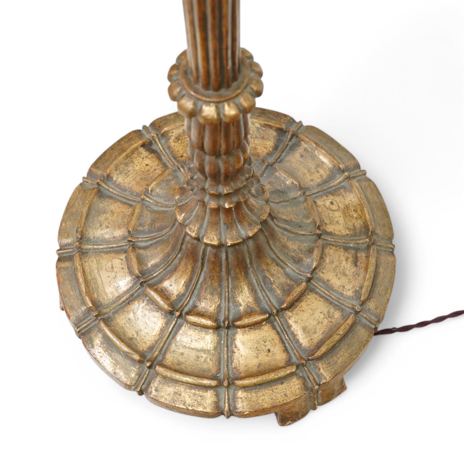 Late 20th century gilt wood standard lamp, turned and reeded column on lappet carved circular base 