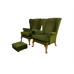 Parker Knoll - pair  vintage 'Penhurst' wingback armchairs, upholstered in olive green fabric on cabriole front supports