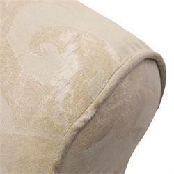 Duresta England - armchair upholstered in beige damask fabric, with deep seat and button back, loose seat cushions with scrolled arms, raised on brass castors
